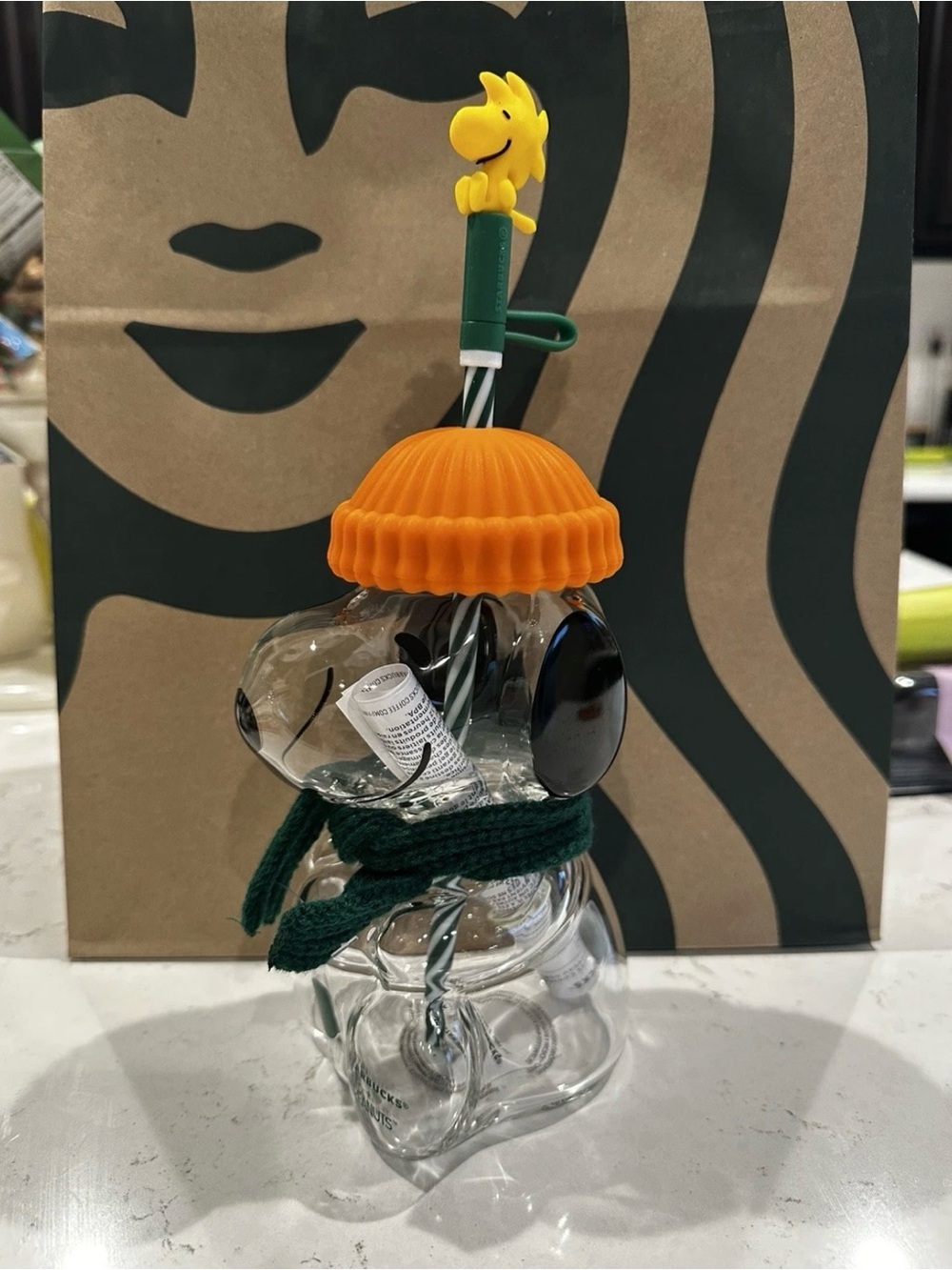 Starbucks Glass Snoopy Bottle with Orange Beanie and Green Scarf